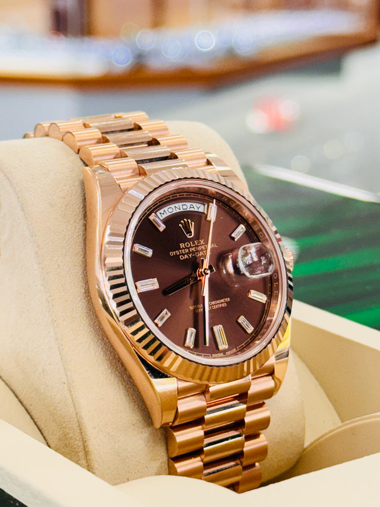 PreOwned Rolex Day-Date 40mm Everrose Gold 228235 Factory Chocolate Baguette Dial Box/Papers - Diamonds East Intl.