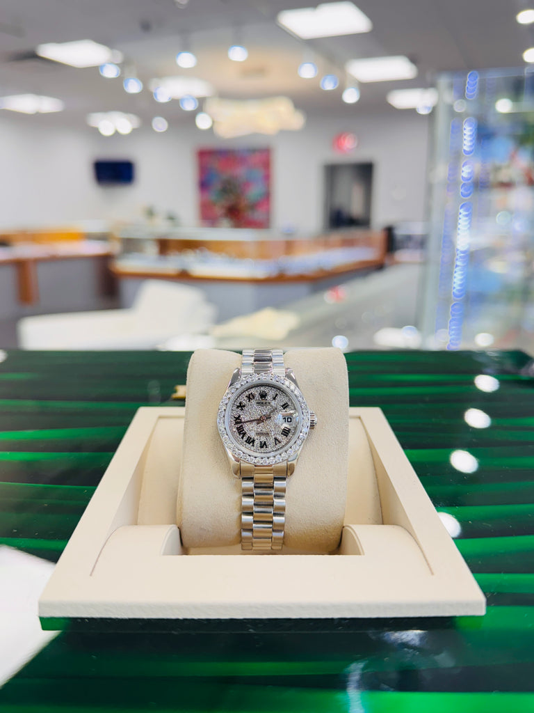 Rolex Lady-Datejust  179166 PRESIDENT Custom Pave Diamond Roman Dial Custom Diamond Bezel PreOwned - Diamonds East Intl.