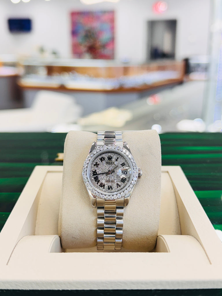 Rolex Lady-Datejust  179166 PRESIDENT Custom Pave Diamond Roman Dial Custom Diamond Bezel PreOwned - Diamonds East Intl.