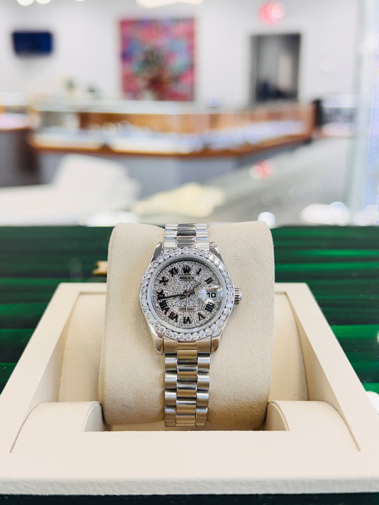 Rolex Lady-Datejust  179166 PRESIDENT Custom Pave Diamond Roman Dial Custom Diamond Bezel PreOwned - Diamonds East Intl.