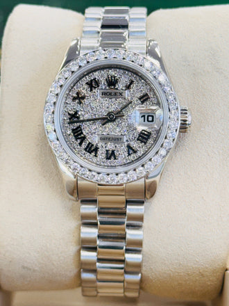 Rolex Lady-Datejust  179166 PRESIDENT Custom Pave Diamond Roman Dial Custom Diamond Bezel PreOwned - Diamonds East Intl.