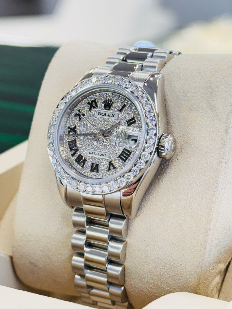 Rolex Lady-Datejust  179166 PRESIDENT Custom Pave Diamond Roman Dial Custom Diamond Bezel PreOwned - Diamonds East Intl.