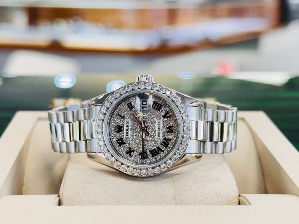 Rolex Lady-Datejust  179166 PRESIDENT Custom Pave Diamond Roman Dial Custom Diamond Bezel PreOwned - Diamonds East Intl.