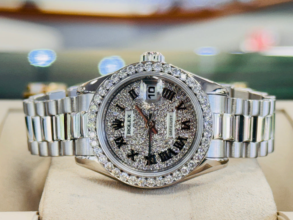 Rolex Lady-Datejust  179166 PRESIDENT Custom Pave Diamond Roman Dial Custom Diamond Bezel PreOwned - Diamonds East Intl.