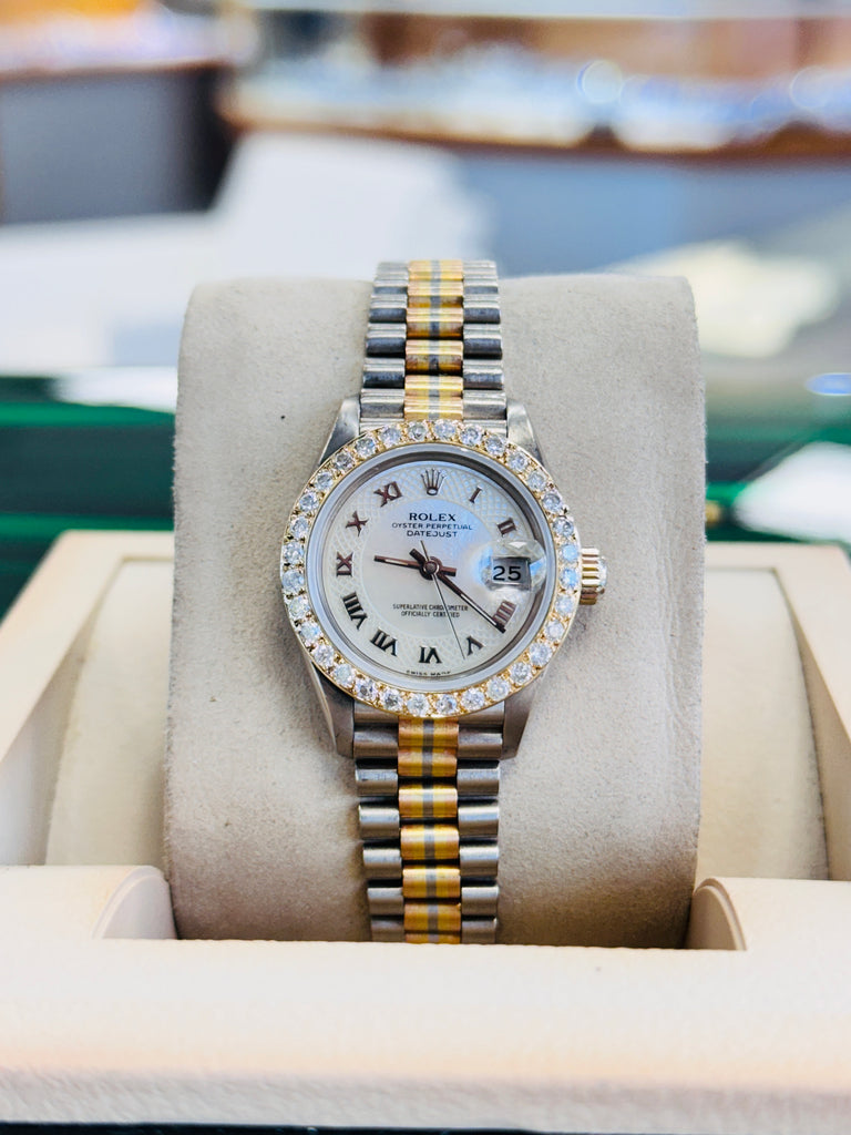 Rolex Lady-Datejust 69179 Tridor President FACTORY MOP DIAL 26 White gold, Yellow Gold, Rose Gold Custom Diamond Bezel MINT