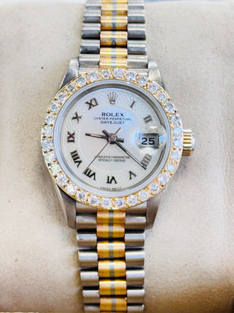Rolex Lady-Datejust 69179 Tridor President FACTORY MOP DIAL 26 White gold, Yellow Gold, Rose Gold Custom Diamond Bezel MINT