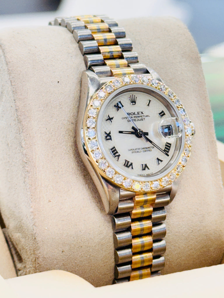 Rolex Lady-Datejust 69179 Tridor President FACTORY MOP DIAL 26 White gold, Yellow Gold, Rose Gold Custom Diamond Bezel MINT