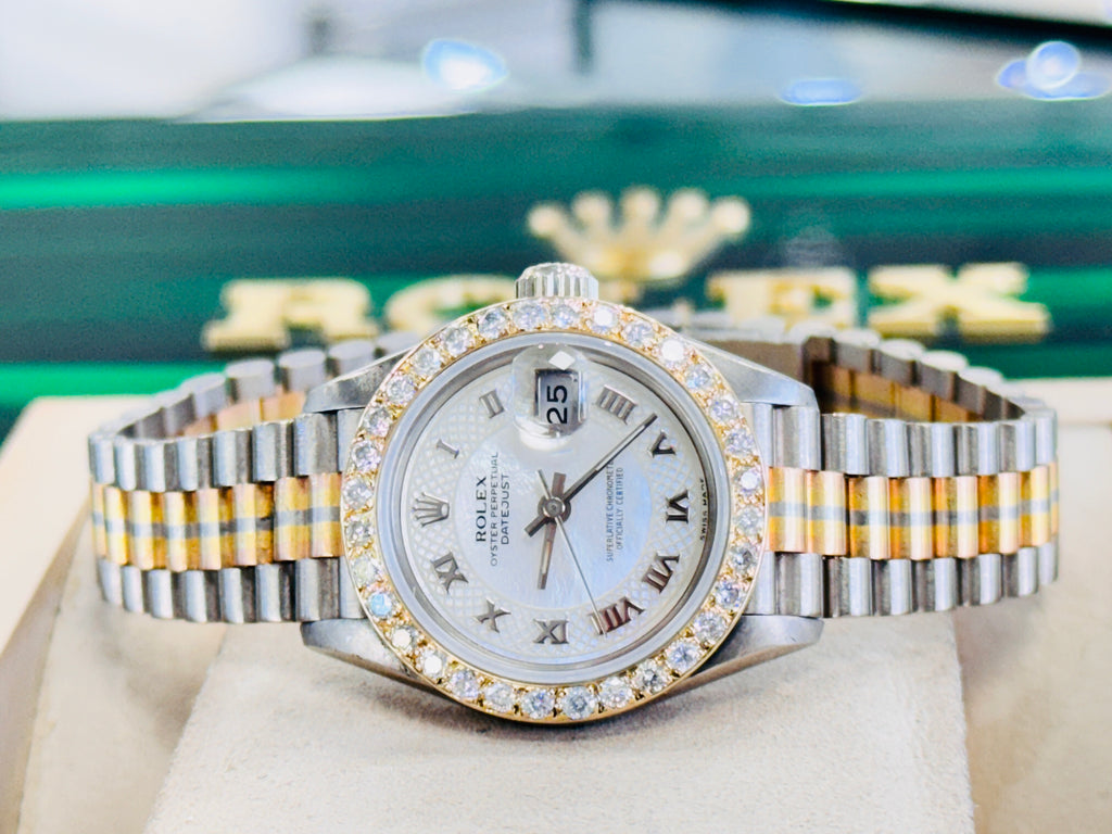 Rolex Lady-Datejust 69179 Tridor President FACTORY MOP DIAL 26 White gold, Yellow Gold, Rose Gold Custom Diamond Bezel MINT