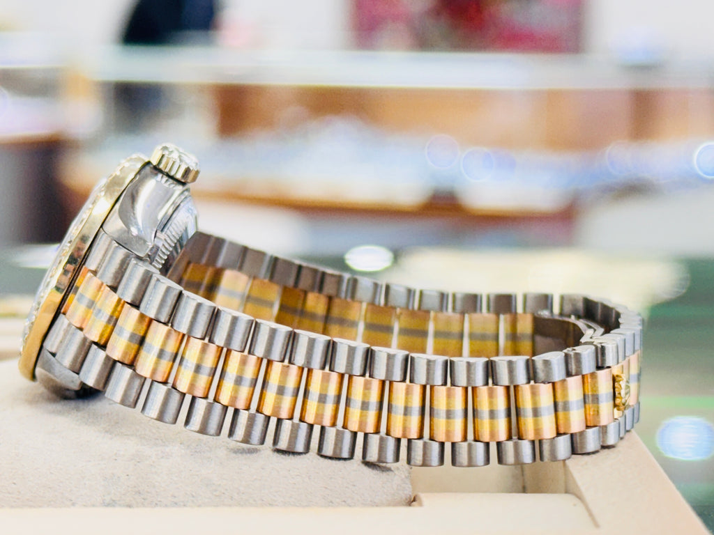 Rolex Lady-Datejust 69179 Tridor President FACTORY MOP DIAL 26 White gold, Yellow Gold, Rose Gold Custom Diamond Bezel MINT
