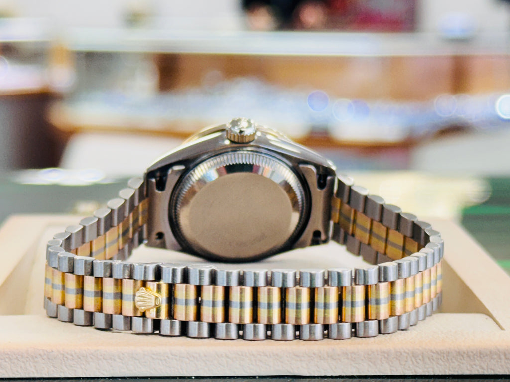 Rolex Lady-Datejust 69179 Tridor President FACTORY MOP DIAL 26 White gold, Yellow Gold, Rose Gold Custom Diamond Bezel MINT - Diamonds East Intl.