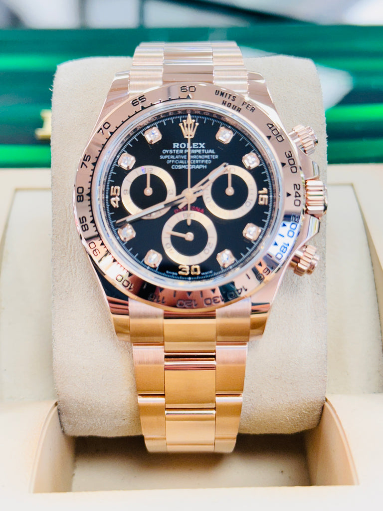 Rolex Chronograph Daytona 116505 Factory Black Diamond Dial Rose Gold Oyster Bracelet Box & Papers 2023 MINT