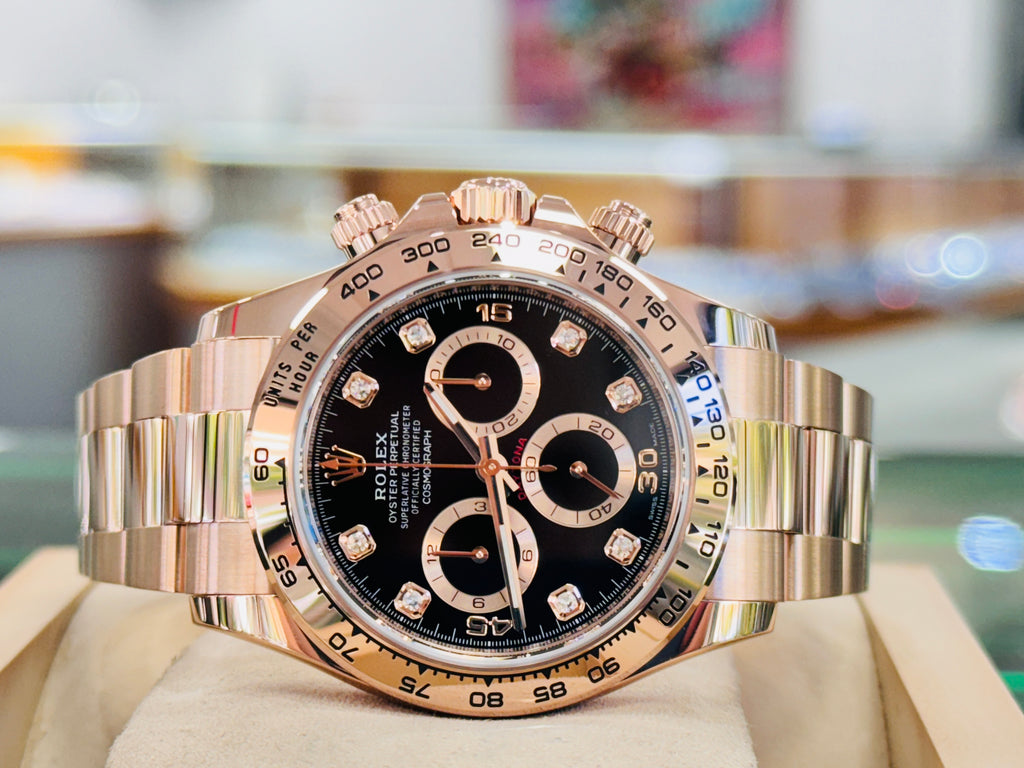 Rolex Chronograph Daytona 116505 Factory Black Diamond Dial Rose Gold Oyster Bracelet Box & Papers 2023 MINT