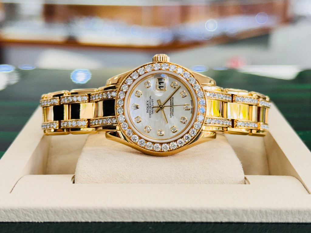 Rolex Masterpiece Pearlmaster 80298  RARE EDITION ALL FACTORY Diamonds  18K Yellow Gold MOPDiamond Dial PreOwned - Diamonds East Intl.