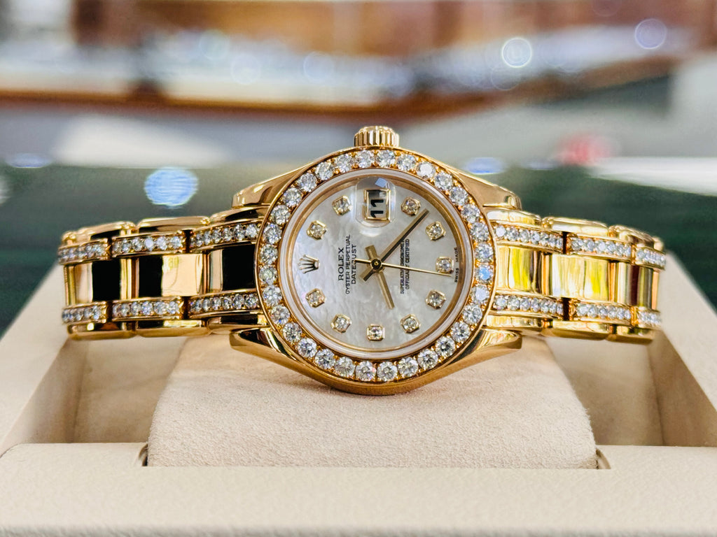 Rolex Masterpiece Pearlmaster 80298  RARE EDITION ALL FACTORY Diamonds  18K Yellow Gold MOPDiamond Dial PreOwned - Diamonds East Intl.
