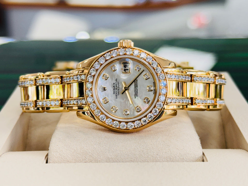 Rolex Masterpiece Pearlmaster 80298  RARE EDITION ALL FACTORY Diamonds  18K Yellow Gold MOPDiamond Dial PreOwned - Diamonds East Intl.