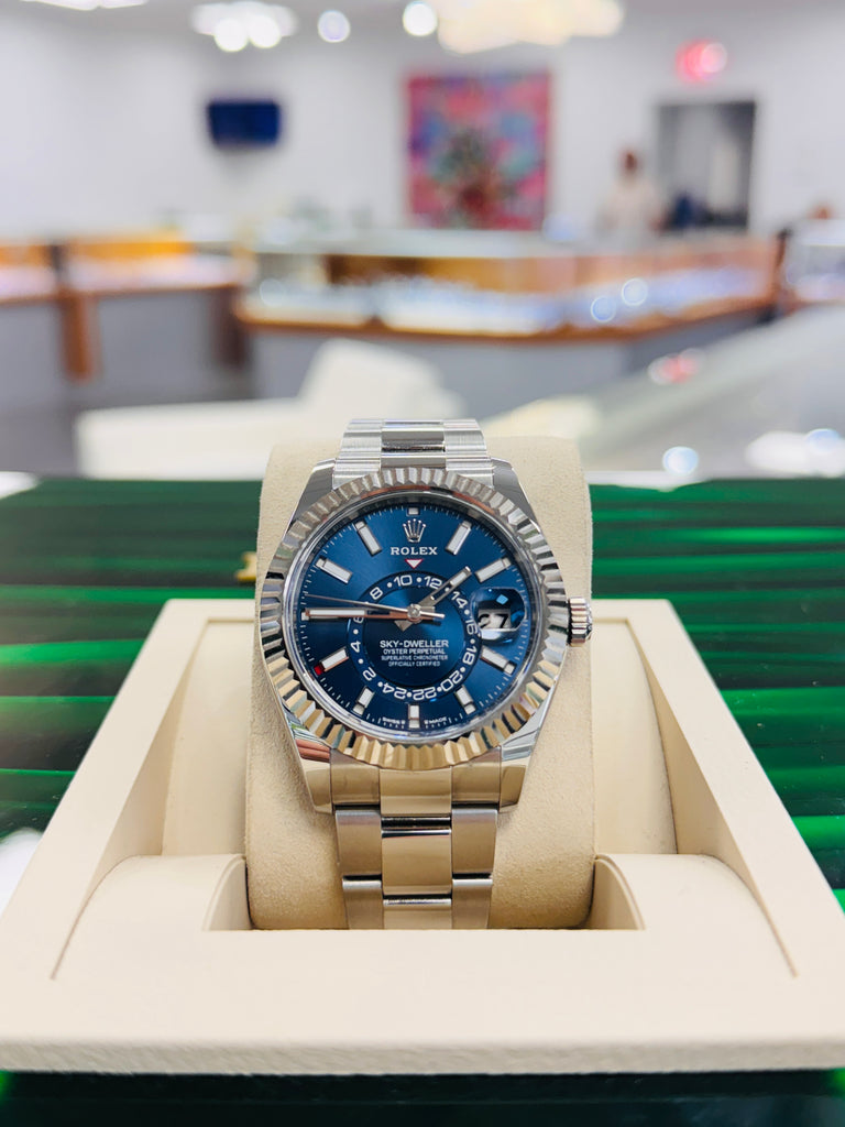 Rolex Sky-Dweller 336934 BLUSO  Blue Dial Stainless Steel 18k White Gold Bezel  Box and Papers Unworn - Diamonds East Intl.