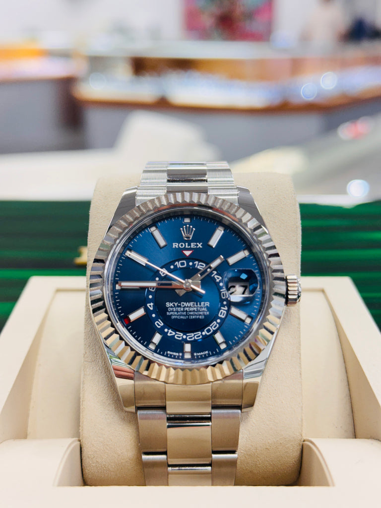 Rolex Sky-Dweller 336934 BLUSO  Blue Dial Stainless Steel 18k White Gold Bezel  Box and Papers Unworn - Diamonds East Intl.