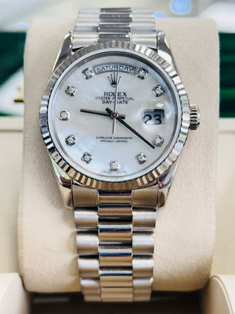 Rolex Day-Date 36 18239 President Custom MOP Dial Double Quick Set White Gold  PreOwned - Diamonds East Intl.