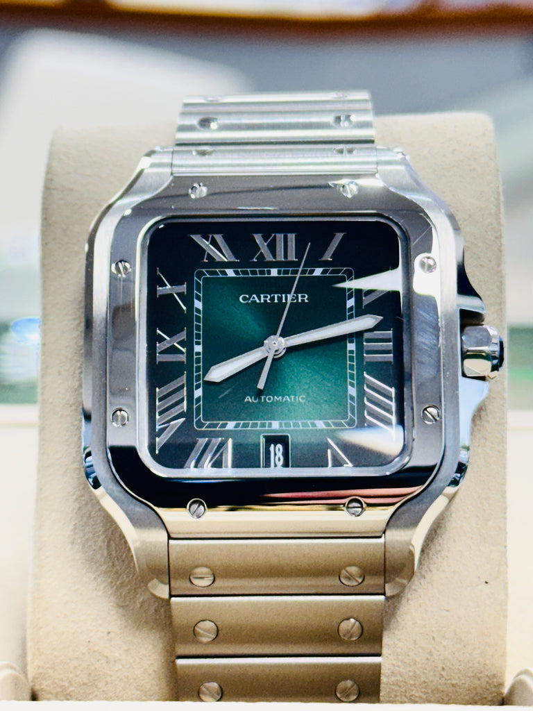Cartier Santos WSSA0062 Green Dial Large Model  Box and Papers MINT - Diamonds East Intl.