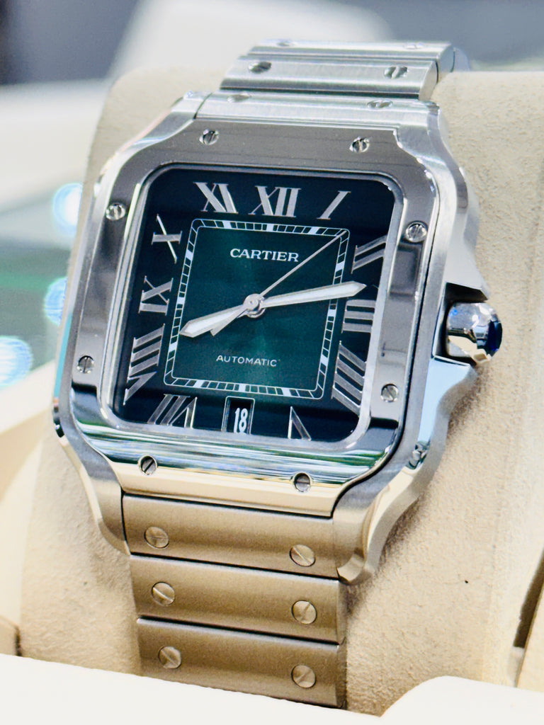 Cartier Santos WSSA0062 Green Dial Large Model  Box and Papers MINT - Diamonds East Intl.