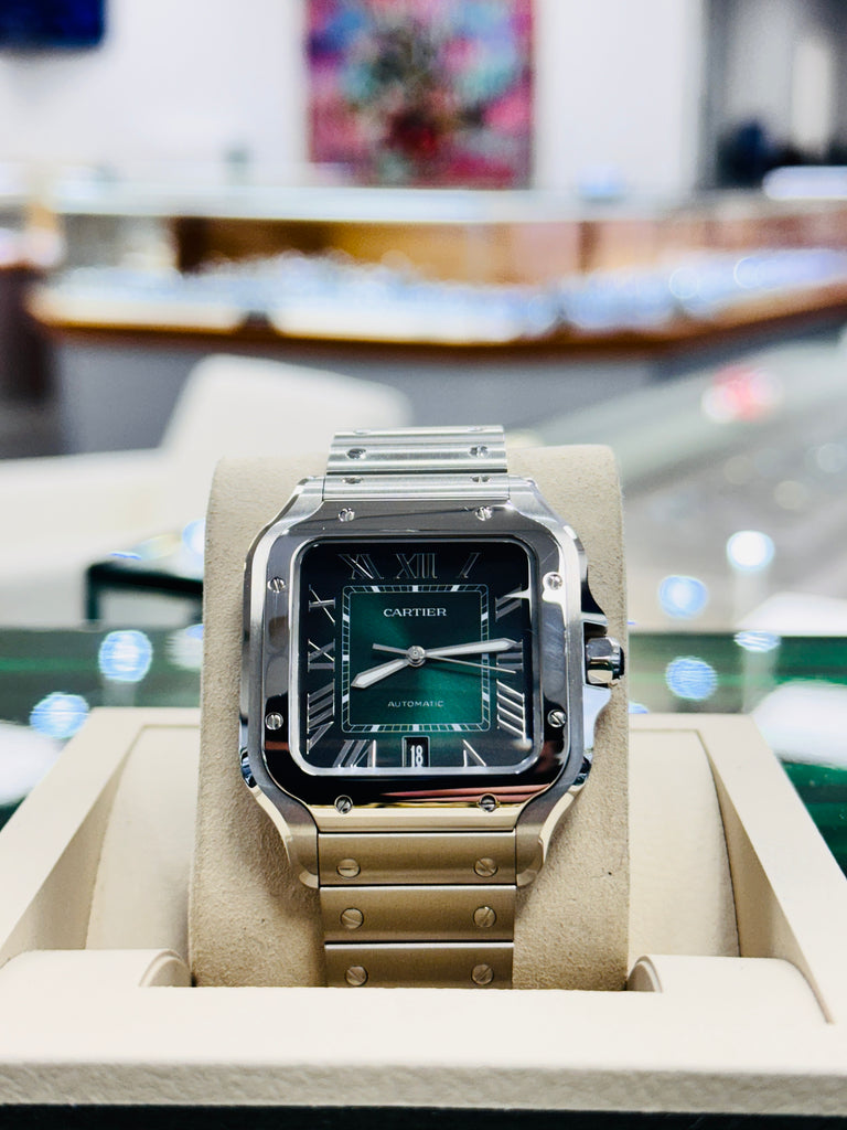 Cartier Santos WSSA0062 Green Dial Large Model  Box and Papers MINT - Diamonds East Intl.