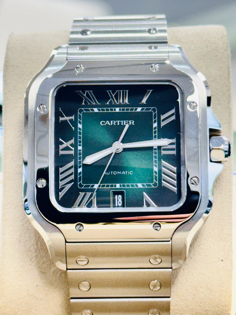 Cartier Santos WSSA0062 Green Dial Large Model  Box and Papers MINT - Diamonds East Intl.