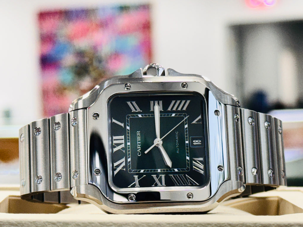 Cartier Santos WSSA0062 Green Dial Large Model  Box and Papers MINT - Diamonds East Intl.