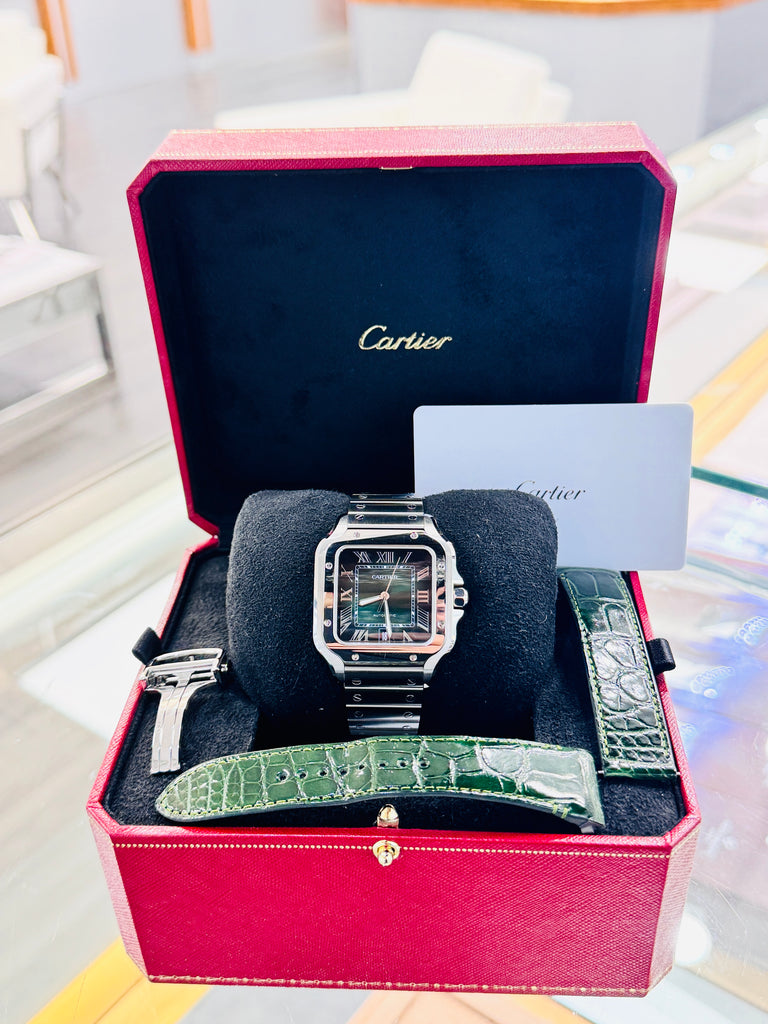 Cartier Santos WSSA0062 Green Dial Large Model  Box and Papers MINT - Diamonds East Intl.