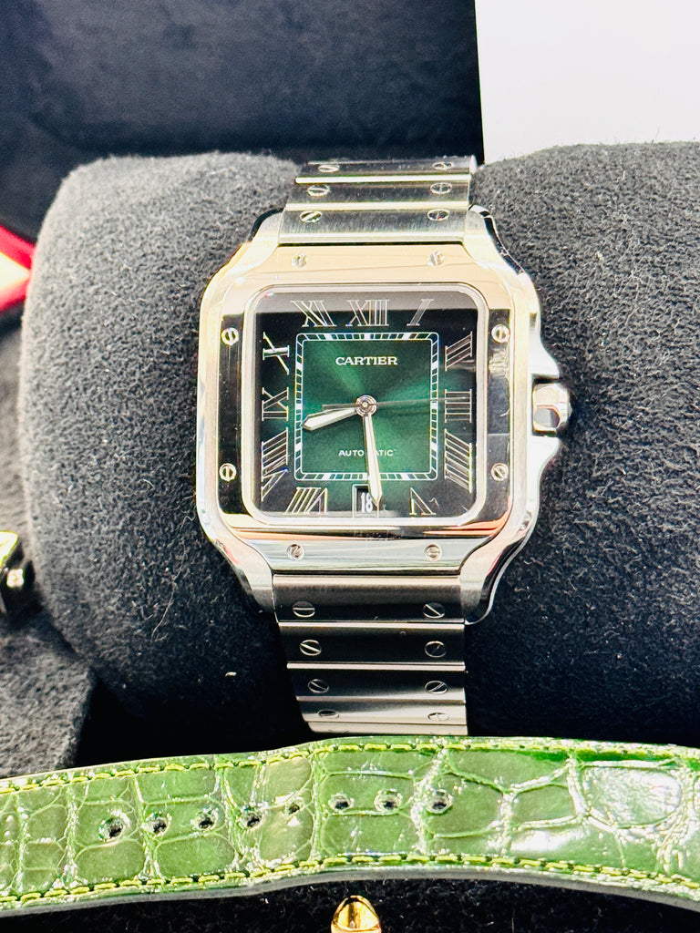 Cartier Santos WSSA0062 Green Dial Large Model  Box and Papers MINT - Diamonds East Intl.