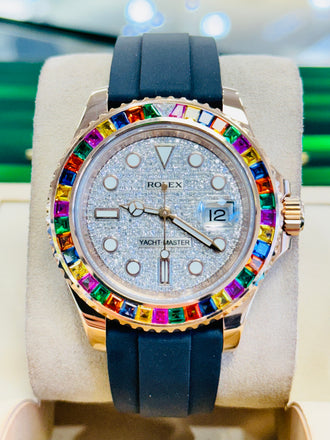 Rolex Yacht-Master 126655 40 18k Rose Gold Custom Pave Diamond Dial Custom Sapphires Bezel  PreOwned BOX/PAPERS - Diamonds East Intl.