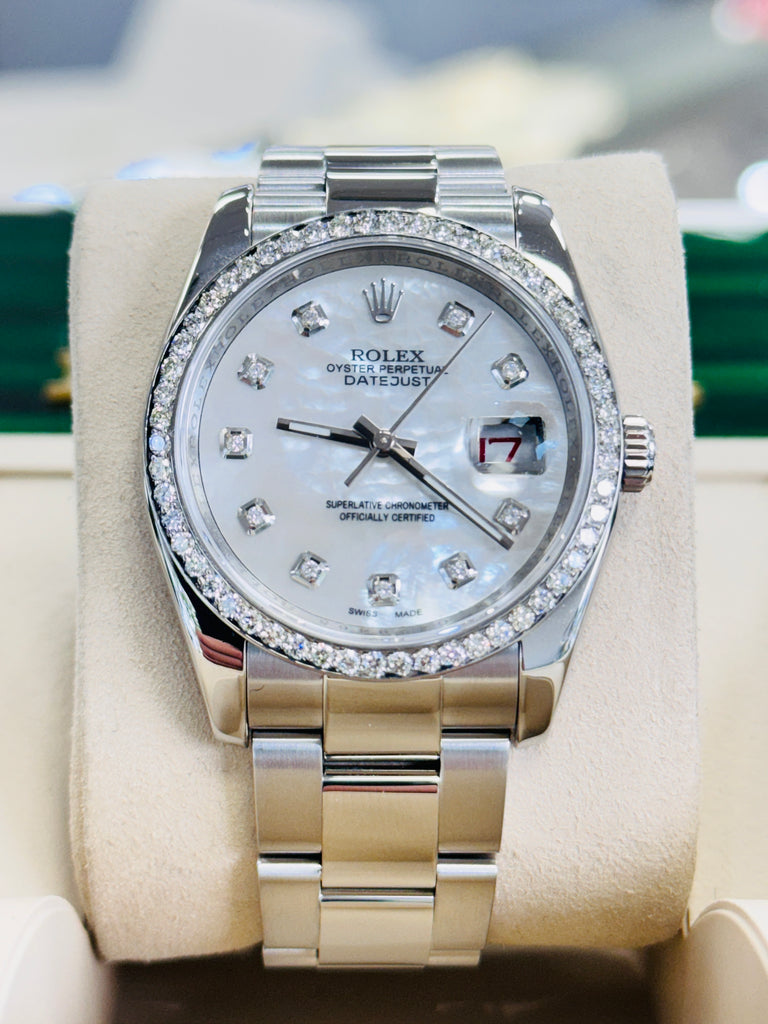 Rolex Datejust 36 116200 Custom Diamond Bezel  Custom Diamond MOP Dial  PreOwned - Diamonds East Intl.