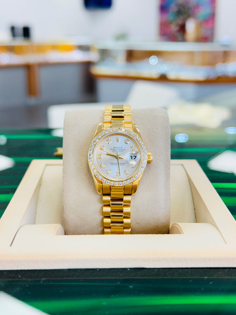 Rolex Lady-Datejust 179178 26 18K Yellow Gold & Custom Diamond Bezel Factory Silver Diamond Dial Box and Papers - Diamonds East Intl.