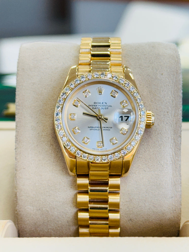 Rolex Lady-Datejust 179178 26 18K Yellow Gold & Custom Diamond Bezel Factory Silver Diamond Dial Box and Papers - Diamonds East Intl.