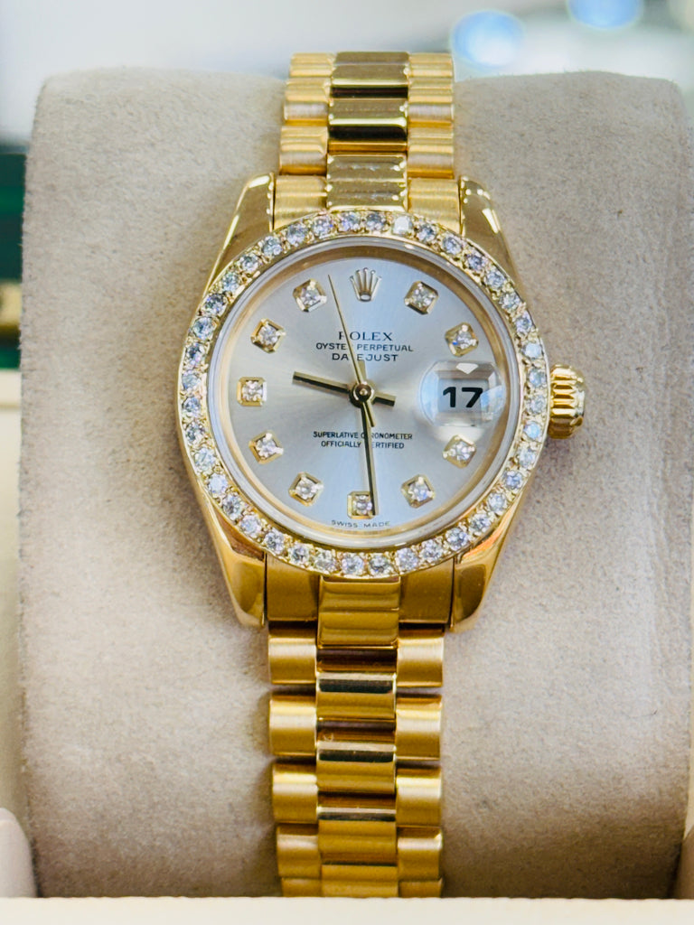 Rolex Lady-Datejust 179178 26 18K Yellow Gold & Custom Diamond Bezel Factory Silver Diamond Dial Box and Papers - Diamonds East Intl.