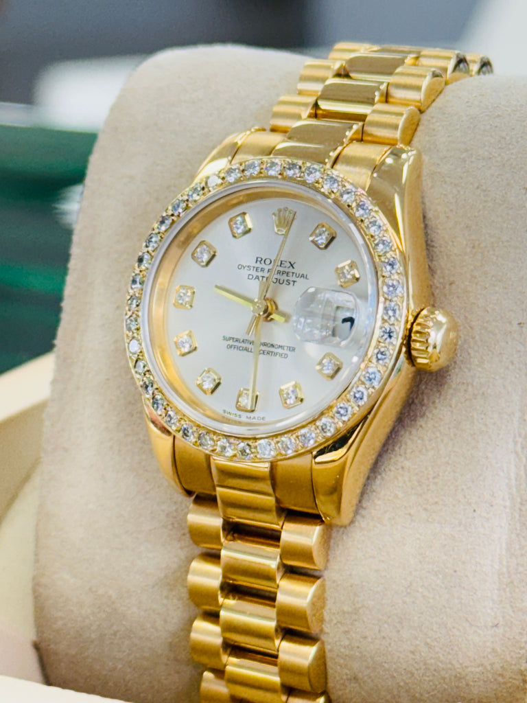 Rolex Lady-Datejust 179178 26 18K Yellow Gold & Custom Diamond Bezel Factory Silver Diamond Dial Box and Papers - Diamonds East Intl.