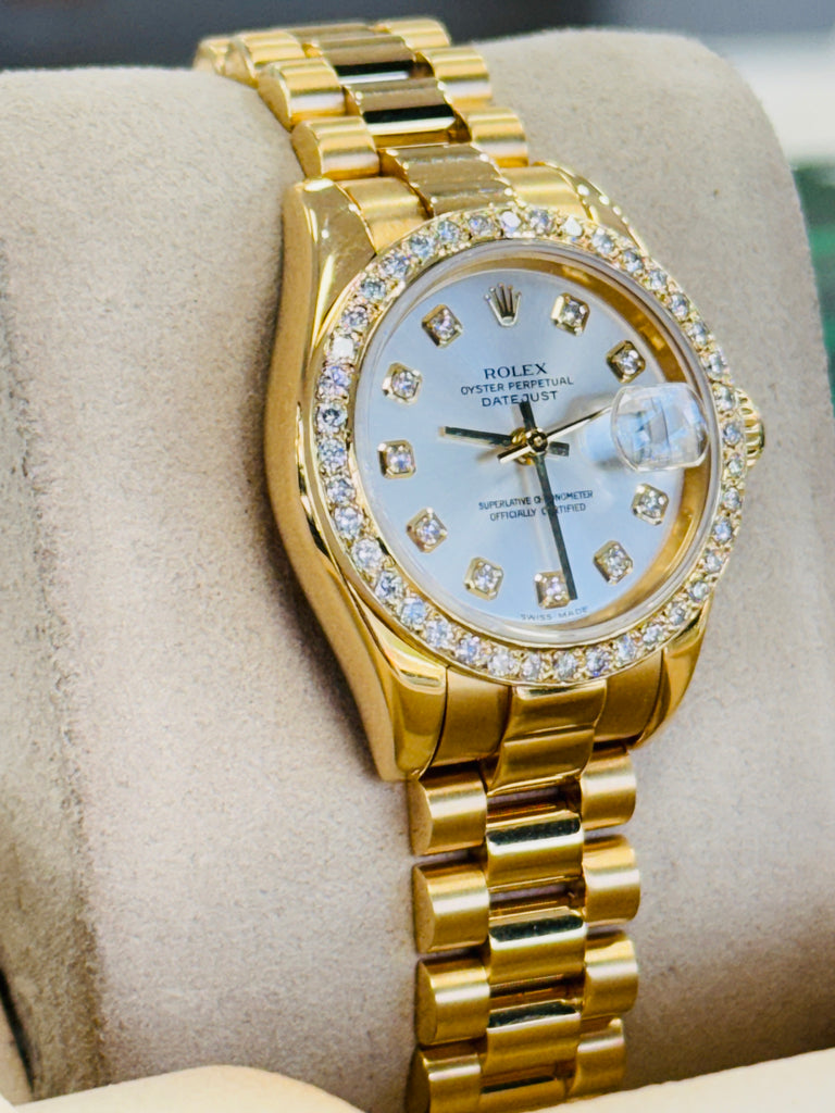 Rolex Lady-Datejust 179178 26 18K Yellow Gold & Custom Diamond Bezel Factory Silver Diamond Dial Box and Papers - Diamonds East Intl.
