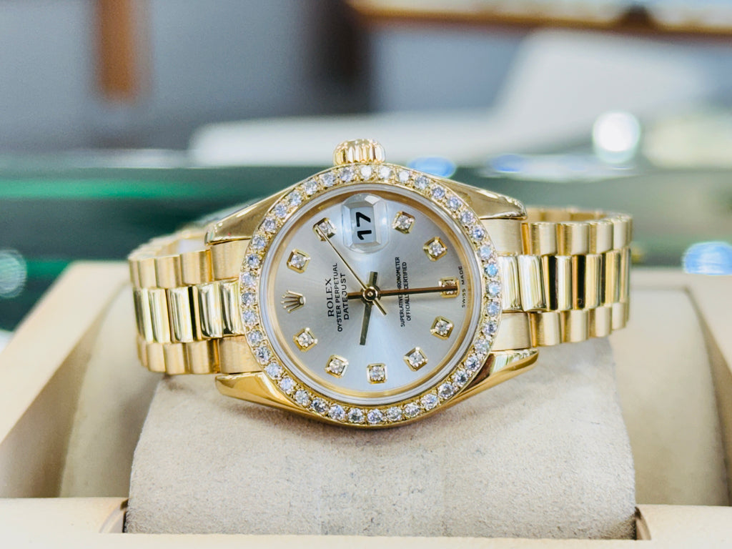 Rolex Lady-Datejust 179178 26 18K Yellow Gold & Custom Diamond Bezel Factory Silver Diamond Dial Box and Papers - Diamonds East Intl.