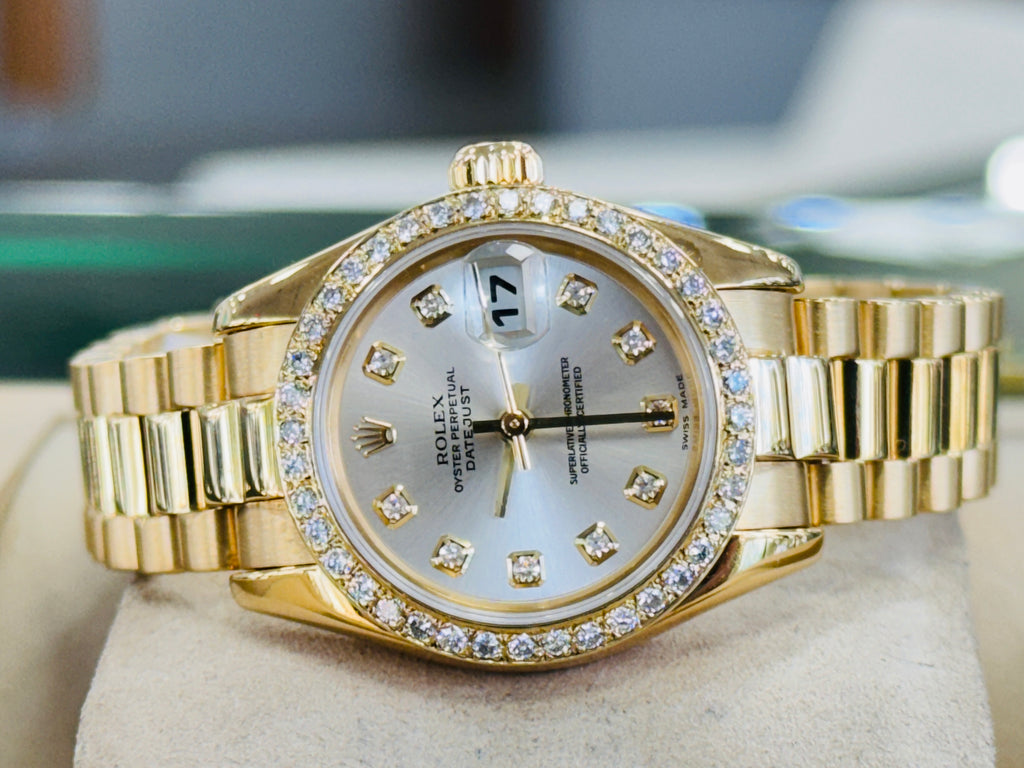 Rolex Lady-Datejust 179178 26 18K Yellow Gold & Custom Diamond Bezel Factory Silver Diamond Dial Box and Papers - Diamonds East Intl.