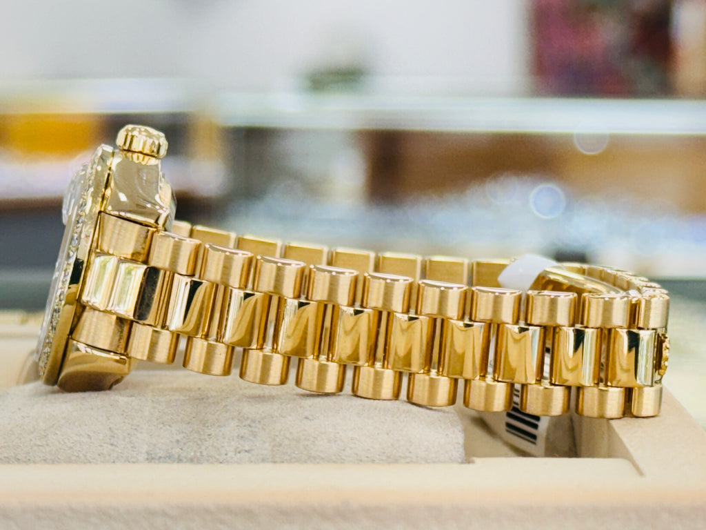 Rolex Lady-Datejust 179178 26 18K Yellow Gold & Custom Diamond Bezel Factory Silver Diamond Dial Box and Papers - Diamonds East Intl.