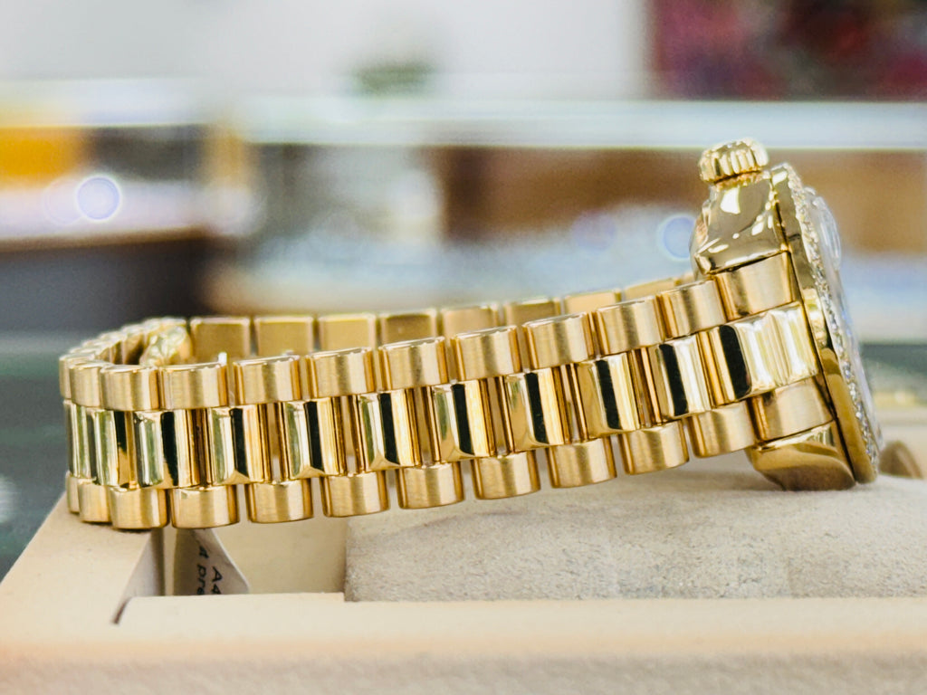 Rolex Lady-Datejust 179178 26 18K Yellow Gold & Custom Diamond Bezel Factory Silver Diamond Dial Box and Papers - Diamonds East Intl.