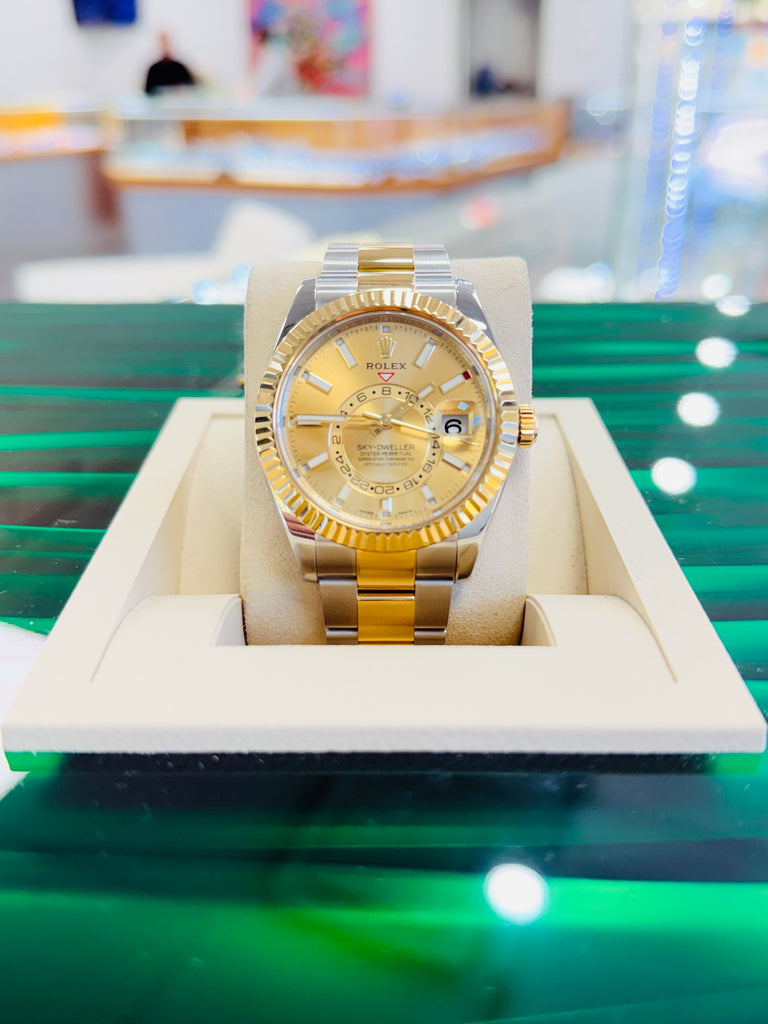 Rolex Sky-Dweller 326933  Champagne Dial Oyster Bracelet Stainless and Yellow Gold Box and Papers PreOwned - Diamonds East Intl.