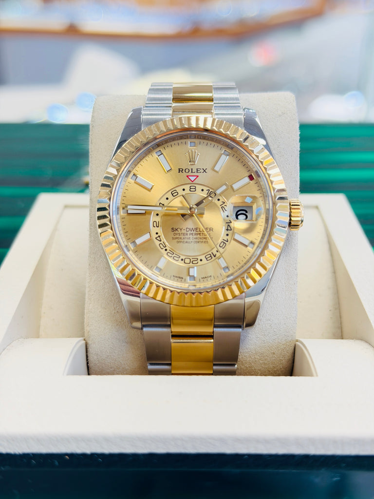 Rolex Sky-Dweller 326933  Champagne Dial Oyster Bracelet Stainless and Yellow Gold Box and Papers PreOwned - Diamonds East Intl.