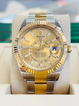 Rolex Sky-Dweller 326933  Champagne Dial Oyster Bracelet Stainless and Yellow Gold Box and Papers PreOwned - Diamonds East Intl.