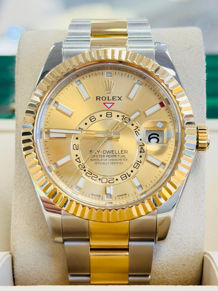 Rolex Sky-Dweller 326933  Champagne Dial Oyster Bracelet Stainless and Yellow Gold Box and Papers PreOwned - Diamonds East Intl.