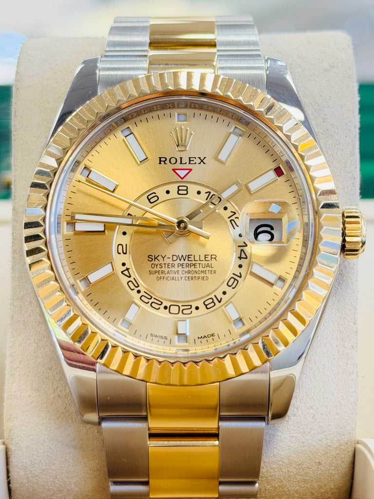 Rolex Sky-Dweller 326933  Champagne Dial Oyster Bracelet Stainless and Yellow Gold Box and Papers PreOwned - Diamonds East Intl.
