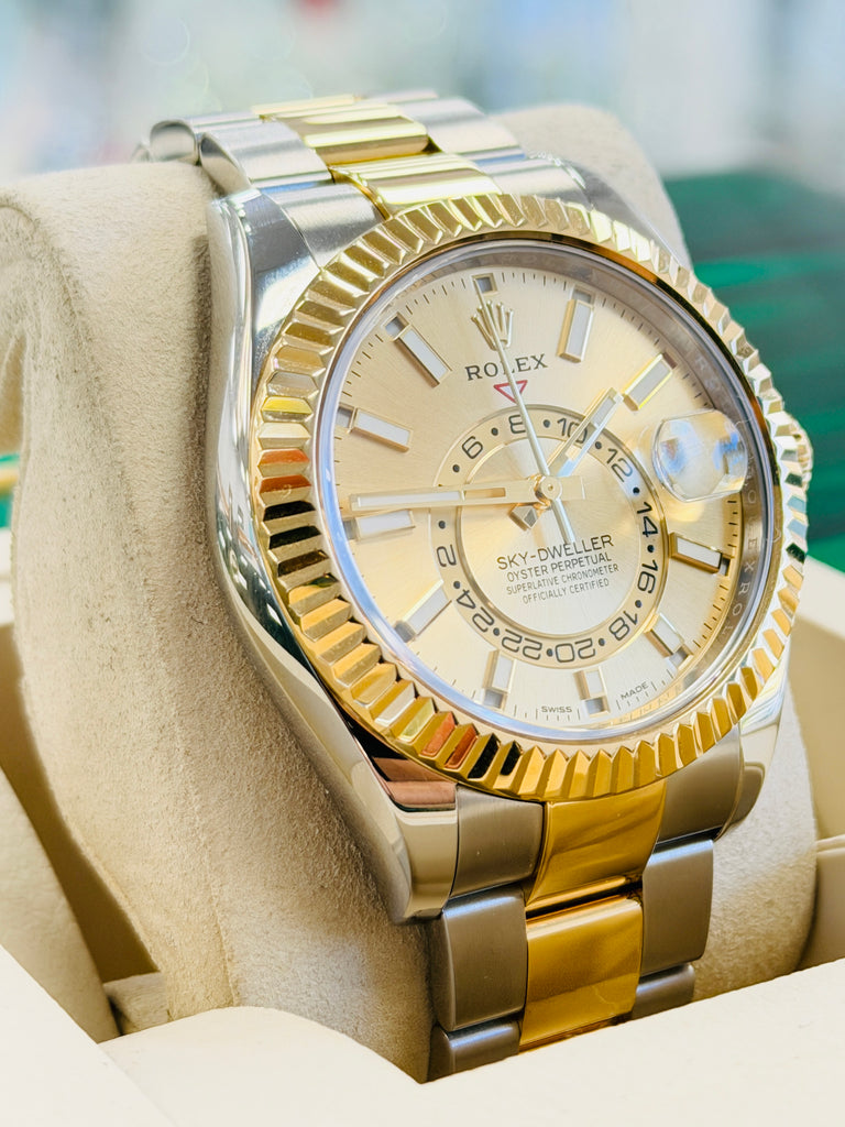 Rolex Sky-Dweller 326933  Champagne Dial Oyster Bracelet Stainless and Yellow Gold Box and Papers PreOwned - Diamonds East Intl.