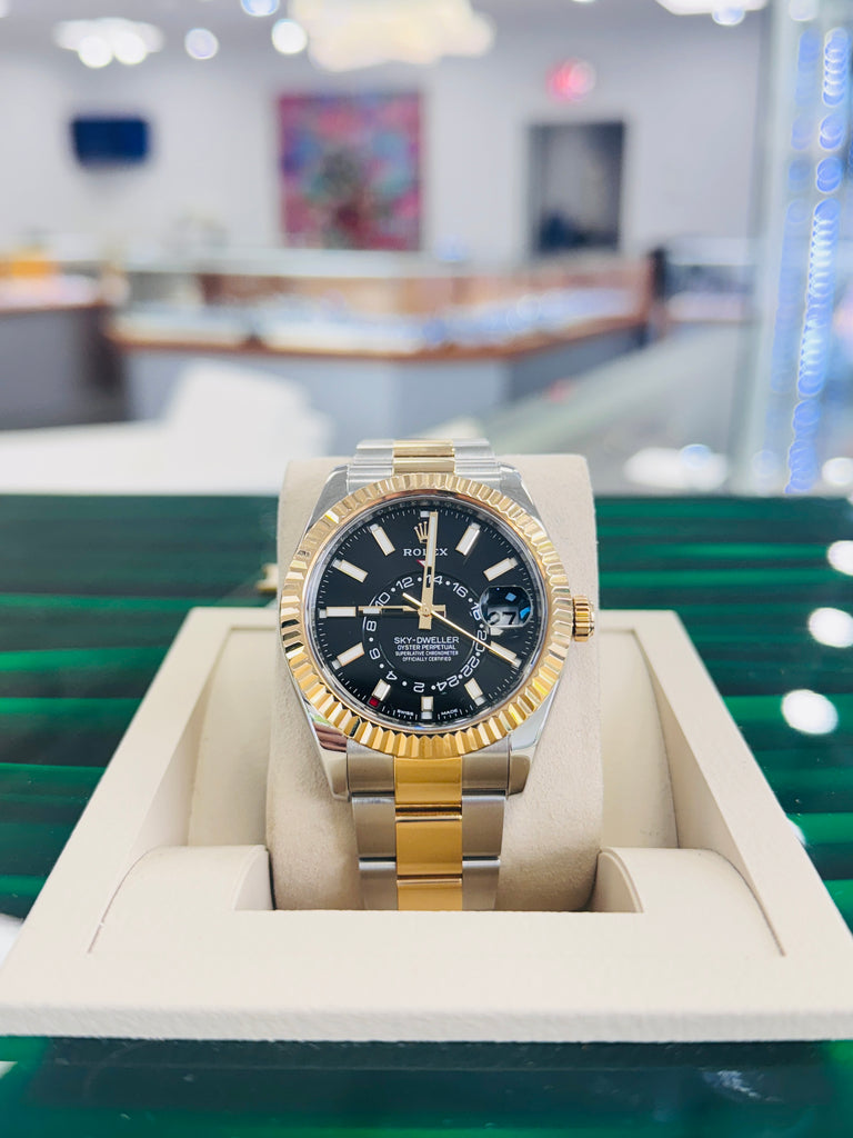Rolex Sky-Dweller 326933  Black Dial Oyster Bracelet Stainless and Yellow Gold Box and Papers PreOwned - Diamonds East Intl.