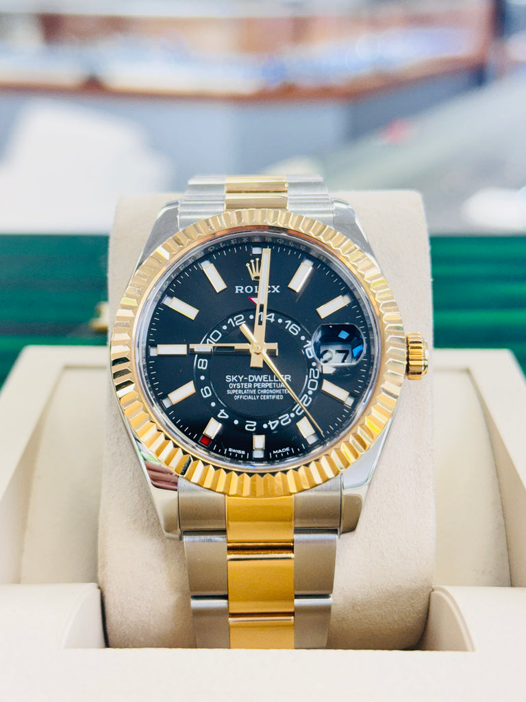 Rolex Sky-Dweller 326933  Black Dial Oyster Bracelet Stainless and Yellow Gold Box and Papers PreOwned - Diamonds East Intl.