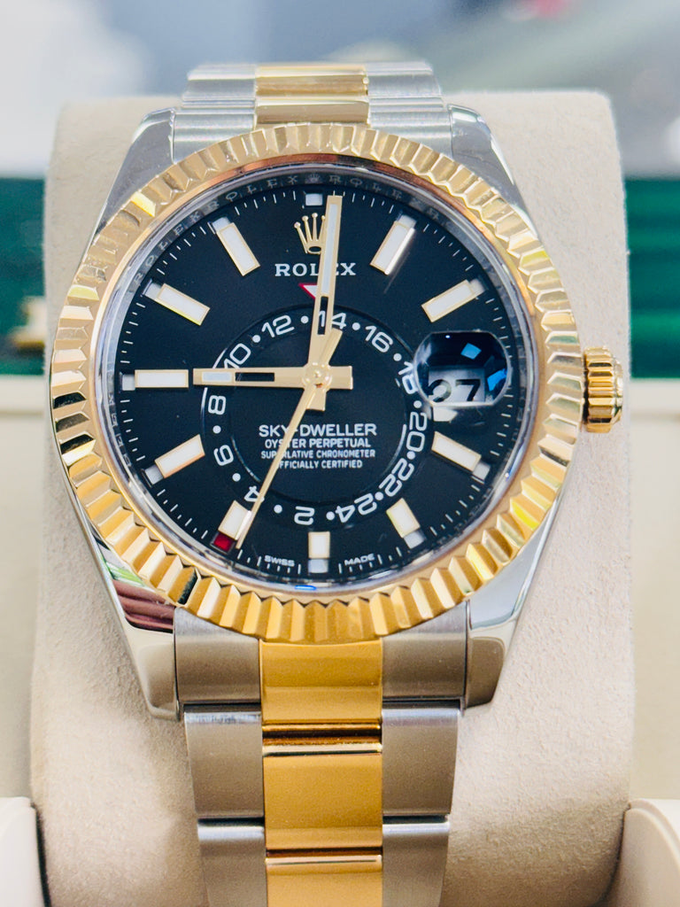 Rolex Sky-Dweller 326933  Black Dial Oyster Bracelet Stainless and Yellow Gold Box and Papers PreOwned - Diamonds East Intl.