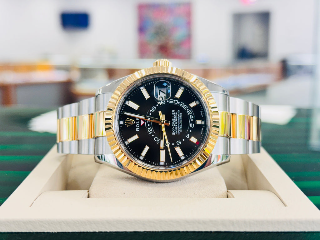 Rolex Sky-Dweller 326933  Black Dial Oyster Bracelet Stainless and Yellow Gold Box and Papers PreOwned - Diamonds East Intl.